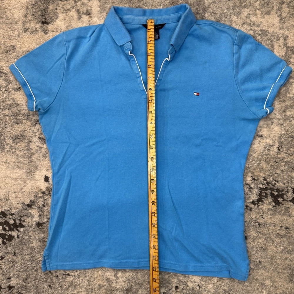 Tommy Hilfiger Womens L Blue Polo Shirt V-Neck Mini Flag Logo Short Sleeve - Picture 7 of 7